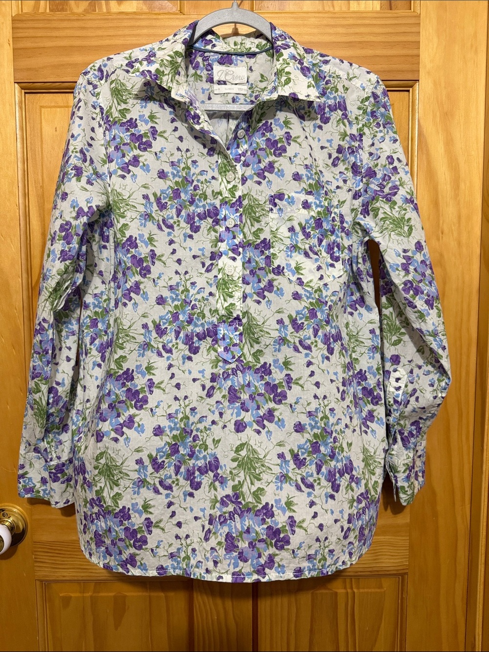 J. Crew Liberty Sweet Pea White Pop Over Shirt with Purple Floral Print, Size 12